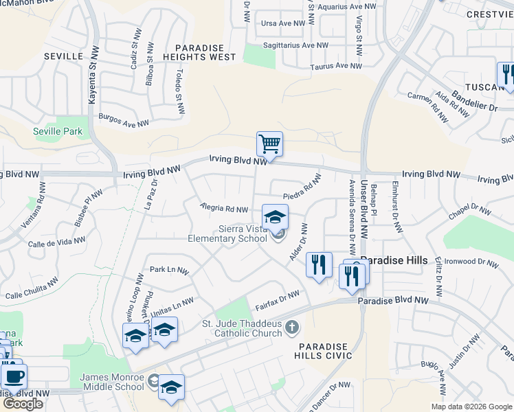 map of restaurants, bars, coffee shops, grocery stores, and more near 10304 Paseo Del Norte Northwest in Albuquerque