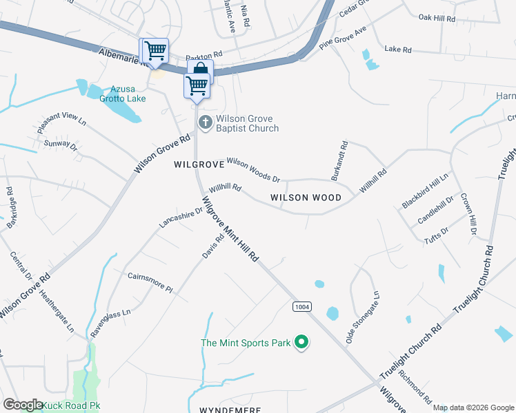 map of restaurants, bars, coffee shops, grocery stores, and more near 8057 Willhill Road in Mint Hill
