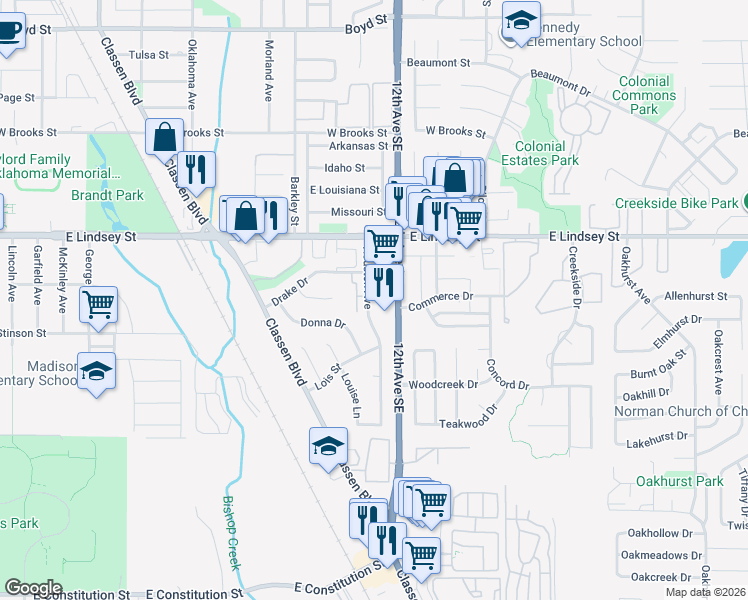 map of restaurants, bars, coffee shops, grocery stores, and more near 2141 Houston Avenue in Norman