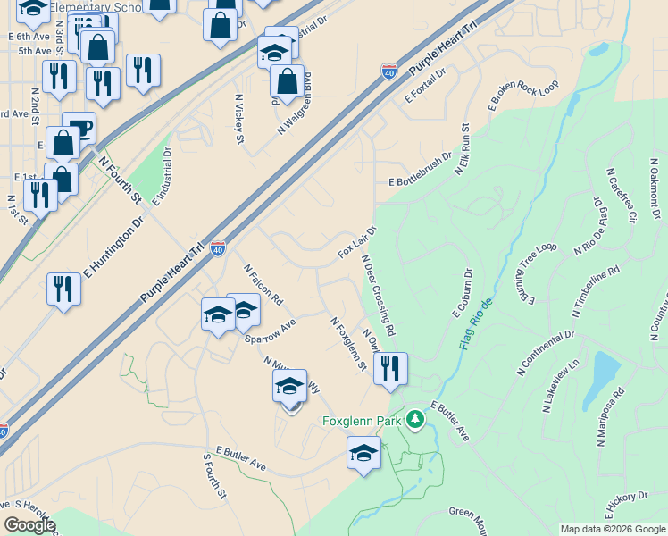 map of restaurants, bars, coffee shops, grocery stores, and more near 3626 Fox Lair Drive in Flagstaff