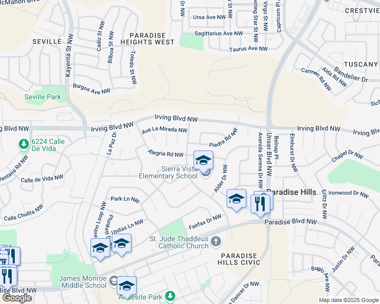 map of restaurants, bars, coffee shops, grocery stores, and more near 5737 Alegria Road Northwest in Albuquerque