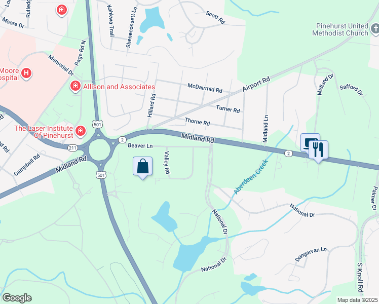 map of restaurants, bars, coffee shops, grocery stores, and more near 90 Beaver Lane in Pinehurst
