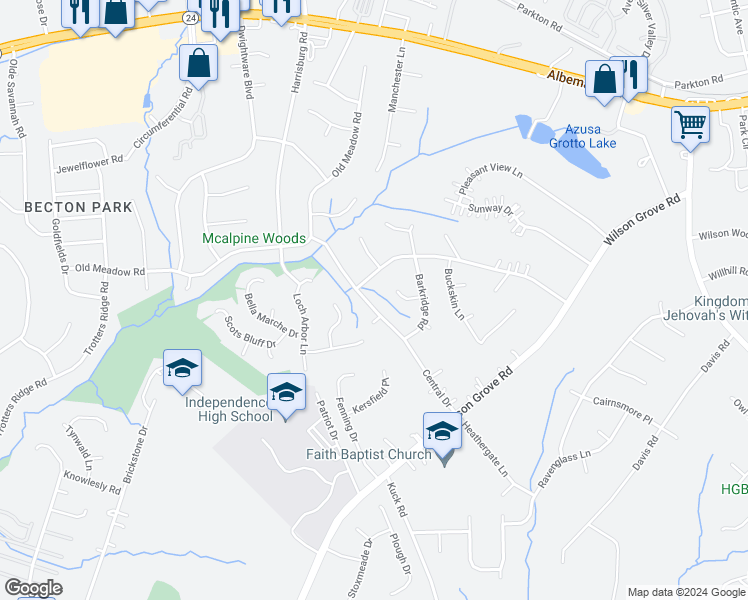map of restaurants, bars, coffee shops, grocery stores, and more near 9513 Central Drive in Mint Hill