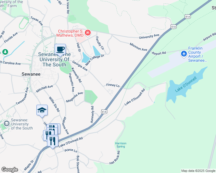 map of restaurants, bars, coffee shops, grocery stores, and more near 52 Finney Lane in Sewanee