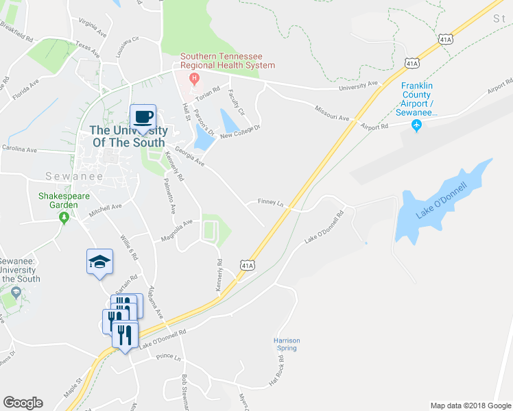 map of restaurants, bars, coffee shops, grocery stores, and more near 52 Finney Lane in Sewanee