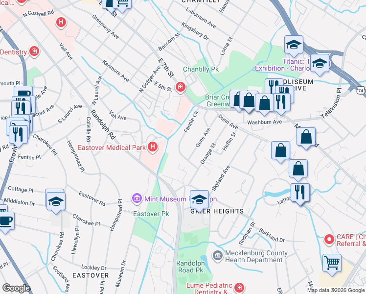 map of restaurants, bars, coffee shops, grocery stores, and more near 341 Fannie Circle in Charlotte