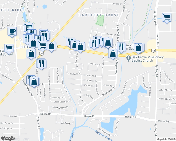 map of restaurants, bars, coffee shops, grocery stores, and more near 2825 Maryland Circle South in Memphis