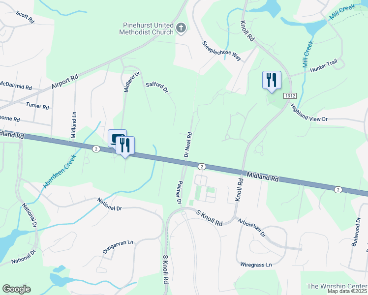 map of restaurants, bars, coffee shops, grocery stores, and more near 125 Doctor Neal Road in Southern Pines