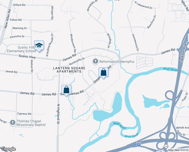 map of restaurants, bars, coffee shops, grocery stores, and more near 2802 East Hickory Bluff in Memphis