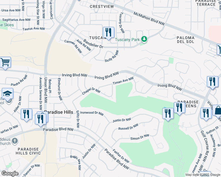 map of restaurants, bars, coffee shops, grocery stores, and more near 5200 Timan Avenue Northwest in Albuquerque