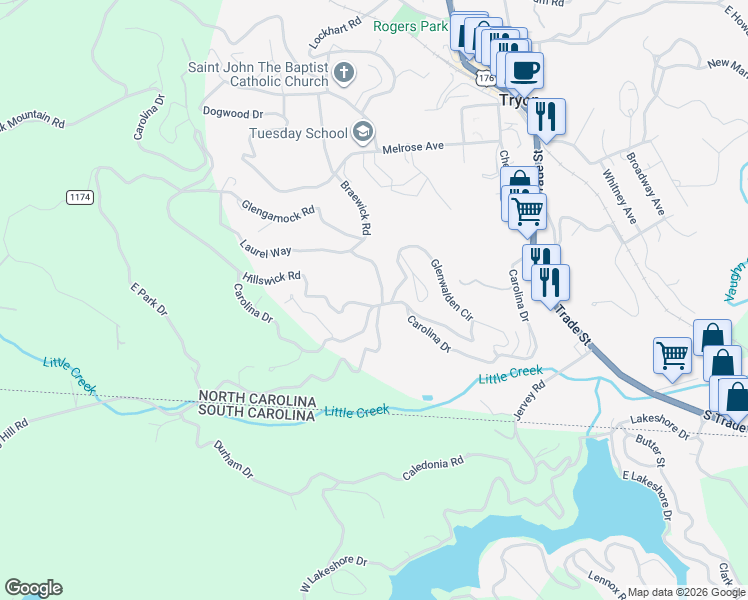 map of restaurants, bars, coffee shops, grocery stores, and more near 766 Carolina Drive in Tryon