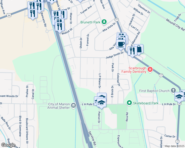 map of restaurants, bars, coffee shops, grocery stores, and more near 359 Beechwood Cove in Marion
