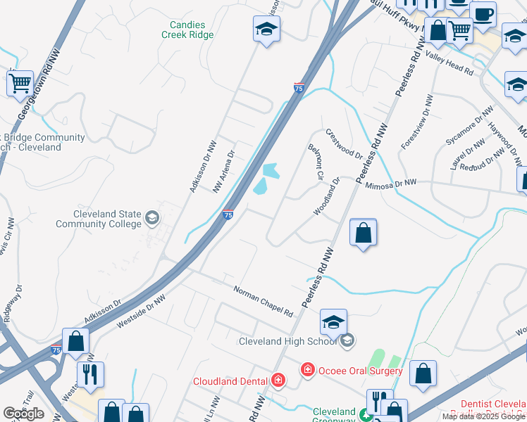 map of restaurants, bars, coffee shops, grocery stores, and more near 1220 Collegeview Drive Northwest in Cleveland