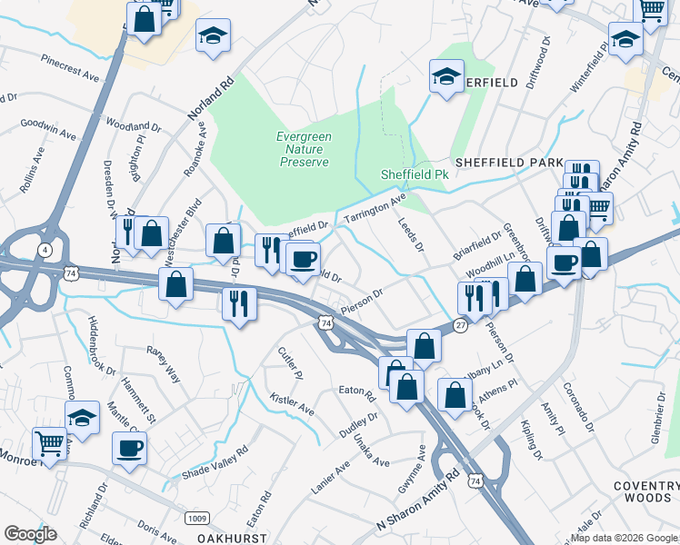 map of restaurants, bars, coffee shops, grocery stores, and more near 4017 Winfield Drive in Charlotte