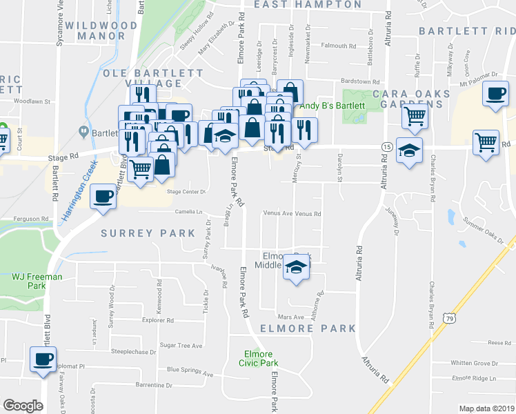 map of restaurants, bars, coffee shops, grocery stores, and more near 6224 Venus Avenue in Memphis