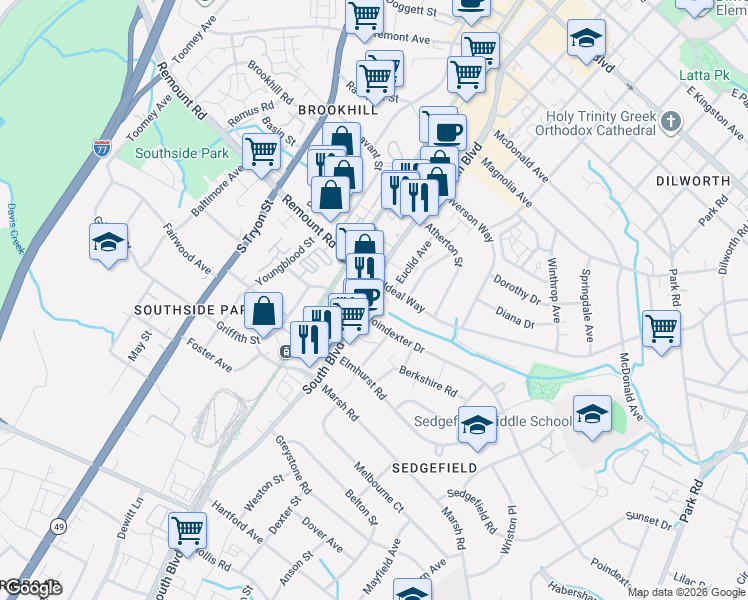 map of restaurants, bars, coffee shops, grocery stores, and more near 2601 South Boulevard in Charlotte