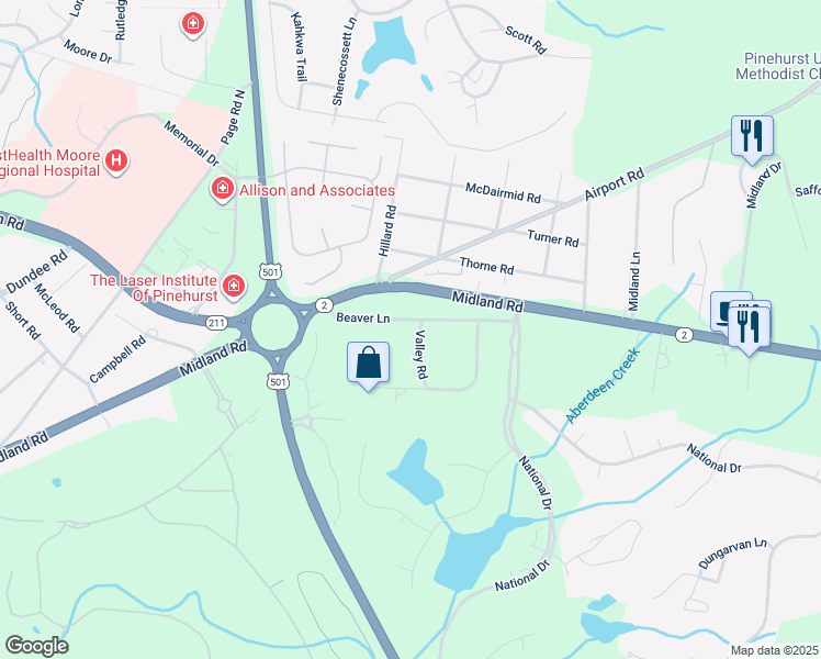 map of restaurants, bars, coffee shops, grocery stores, and more near 50 Beaver Lane in Pinehurst