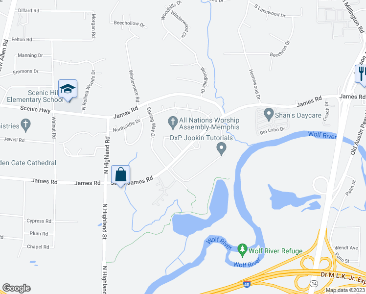 map of restaurants, bars, coffee shops, grocery stores, and more near 2786 East Hickory Bluff in Memphis