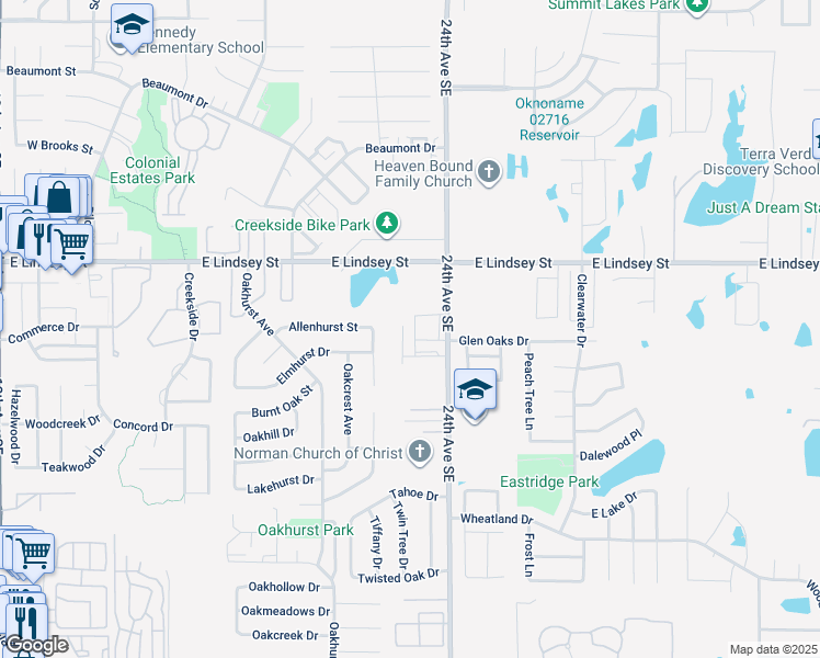 map of restaurants, bars, coffee shops, grocery stores, and more near 1311 Glen Oaks Court in Norman