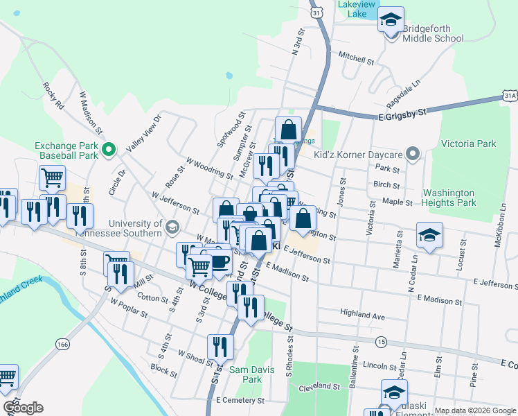 map of restaurants, bars, coffee shops, grocery stores, and more near 300 North 2nd Street in Pulaski