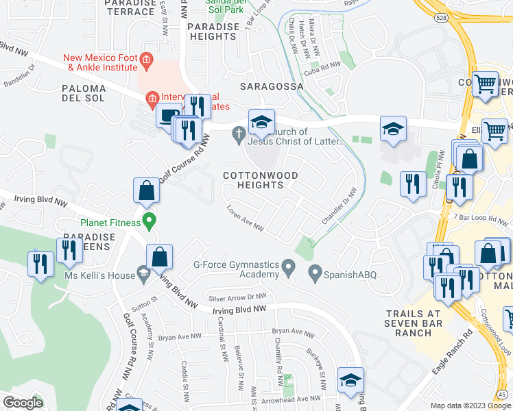 map of restaurants, bars, coffee shops, grocery stores, and more near 4405 Cuarzo Avenue Northwest in Albuquerque