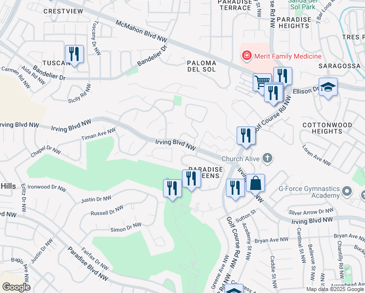 map of restaurants, bars, coffee shops, grocery stores, and more near 10222 Prescott Court Northwest in Albuquerque