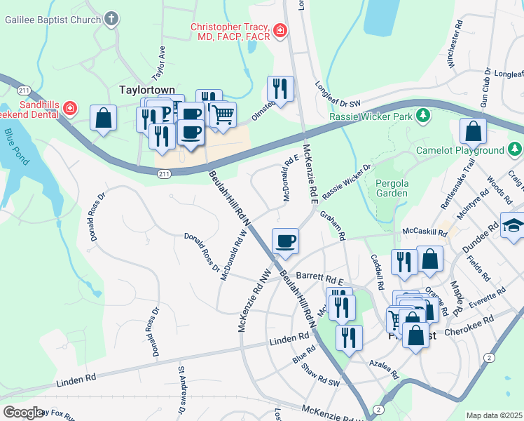 map of restaurants, bars, coffee shops, grocery stores, and more near 5 McDonald Road East in Pinehurst