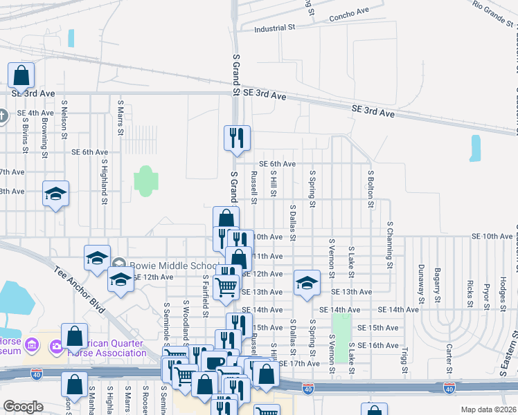 map of restaurants, bars, coffee shops, grocery stores, and more near 800 Russell Street in Amarillo