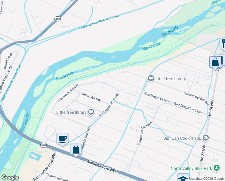 map of restaurants, bars, coffee shops, grocery stores, and more near 10075 Los Cansados Road Northwest in Albuquerque