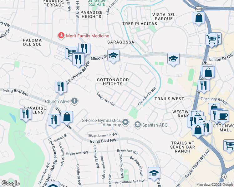 map of restaurants, bars, coffee shops, grocery stores, and more near 4305 Barrett Avenue Northwest in Albuquerque