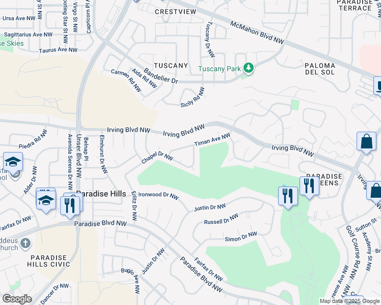 map of restaurants, bars, coffee shops, grocery stores, and more near 5200 Timan Avenue Northwest in Albuquerque