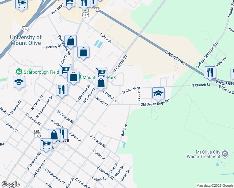 map of restaurants, bars, coffee shops, grocery stores, and more near 807 North Church Street in Mount Olive
