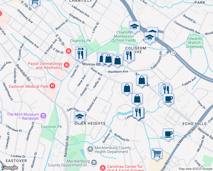 map of restaurants, bars, coffee shops, grocery stores, and more near 431 Skyland Avenue in Charlotte