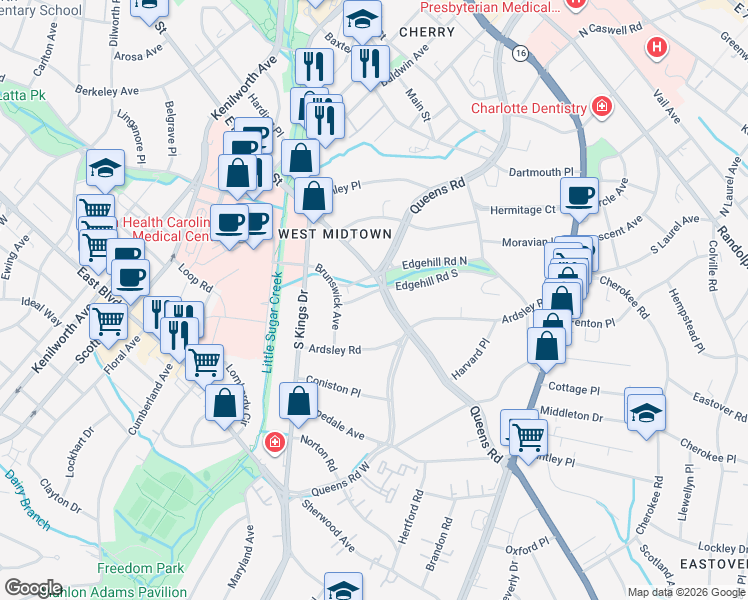 map of restaurants, bars, coffee shops, grocery stores, and more near 1030 Edgehill Road South in Charlotte