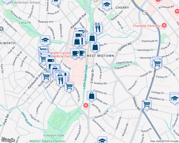 map of restaurants, bars, coffee shops, grocery stores, and more near 1114 South Kings Drive in Charlotte