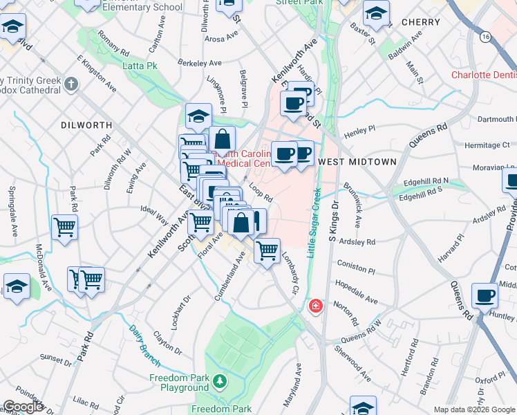 map of restaurants, bars, coffee shops, grocery stores, and more near 1613 Fountain View Street in Charlotte