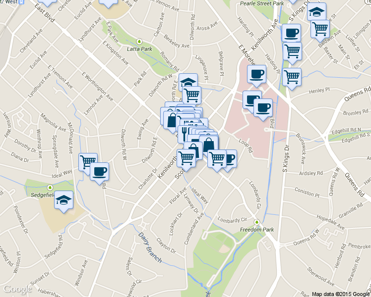 map of restaurants, bars, coffee shops, grocery stores, and more near in Charlotte