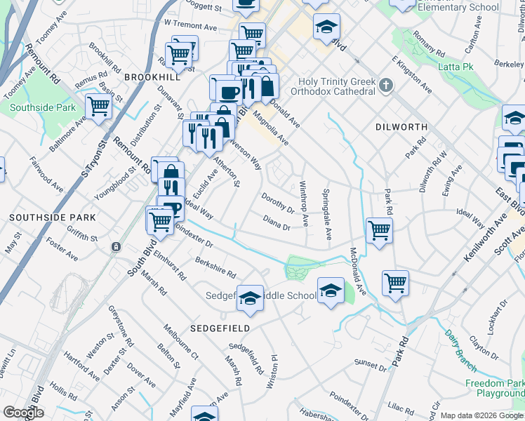 map of restaurants, bars, coffee shops, grocery stores, and more near 513 Iverson Way in Charlotte