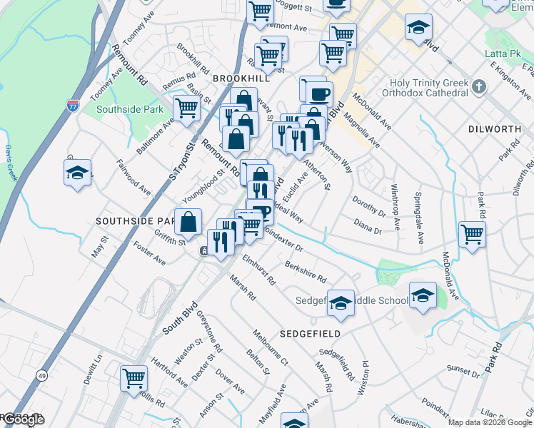 map of restaurants, bars, coffee shops, grocery stores, and more near 2601 South Boulevard in Charlotte