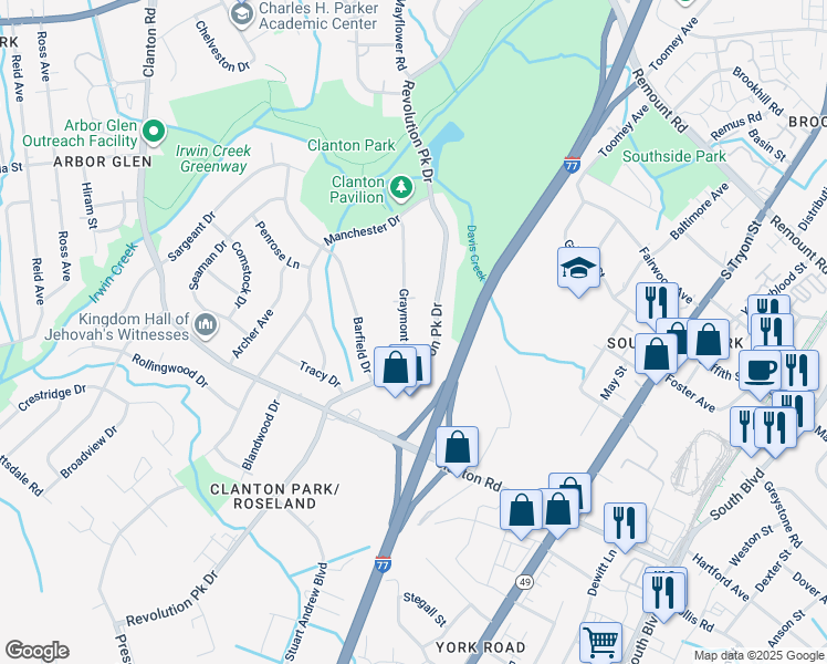 map of restaurants, bars, coffee shops, grocery stores, and more near 3309 Graymont Drive in Charlotte