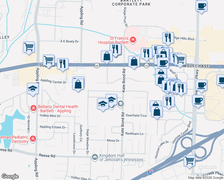 map of restaurants, bars, coffee shops, grocery stores, and more near 2799 Kate Bond Road in Memphis