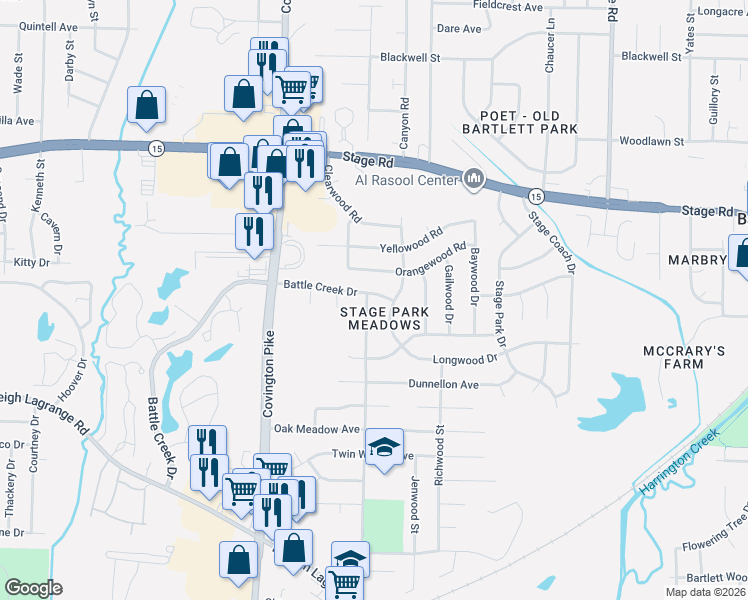 map of restaurants, bars, coffee shops, grocery stores, and more near 5188 Battle Creek Drive in Memphis