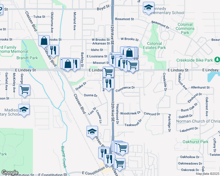 map of restaurants, bars, coffee shops, grocery stores, and more near 1375 12th Avenue Southeast in Norman