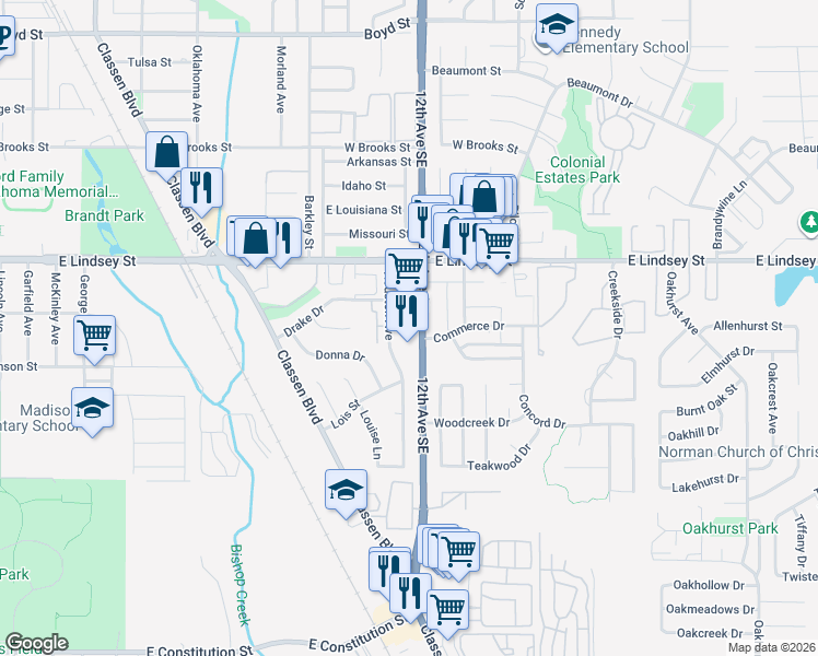 map of restaurants, bars, coffee shops, grocery stores, and more near 1300 12th Avenue Southeast in Norman