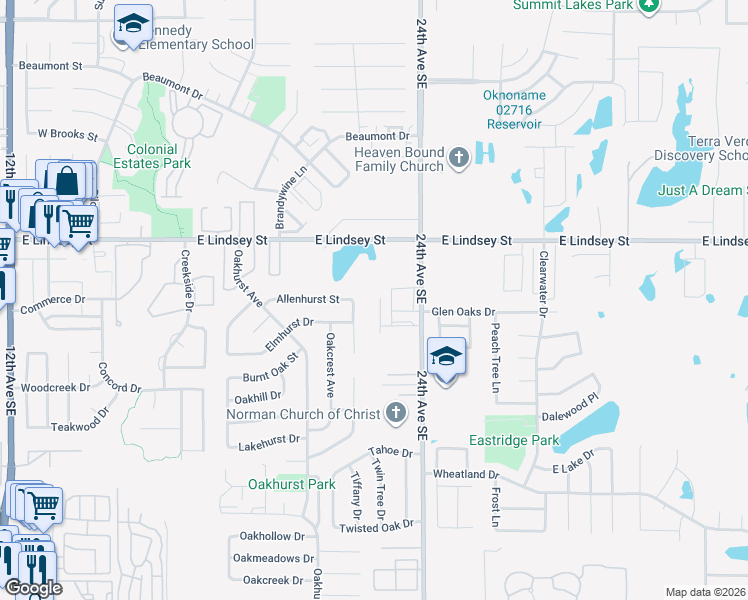 map of restaurants, bars, coffee shops, grocery stores, and more near 1308 Glen Oaks Court in Norman