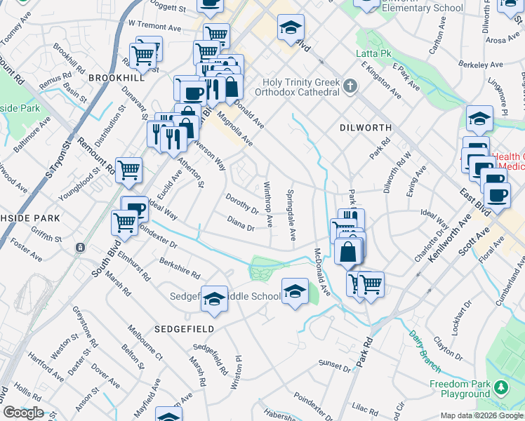map of restaurants, bars, coffee shops, grocery stores, and more near 655 Dorothy Drive in Charlotte
