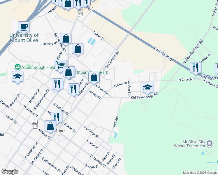 map of restaurants, bars, coffee shops, grocery stores, and more near 807 North Church Street in Mount Olive