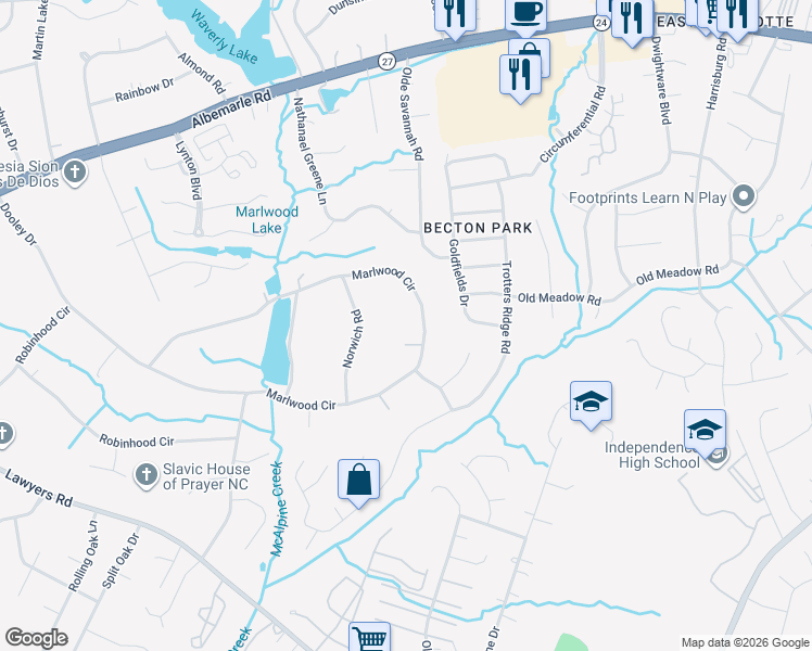 map of restaurants, bars, coffee shops, grocery stores, and more near 1623 Marlwood Circle in Charlotte