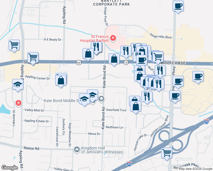 map of restaurants, bars, coffee shops, grocery stores, and more near 2796 Kate Bond Road in Memphis