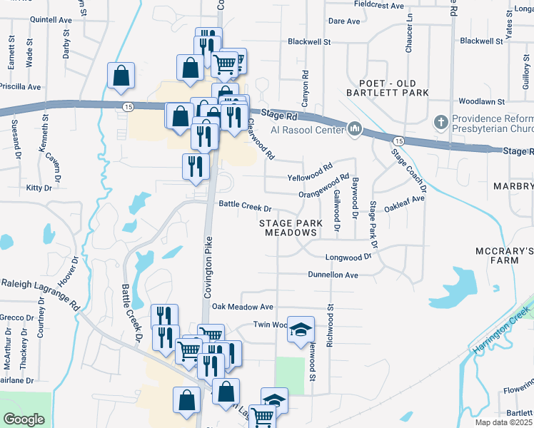 map of restaurants, bars, coffee shops, grocery stores, and more near 5149 Battle Creek Drive in Memphis